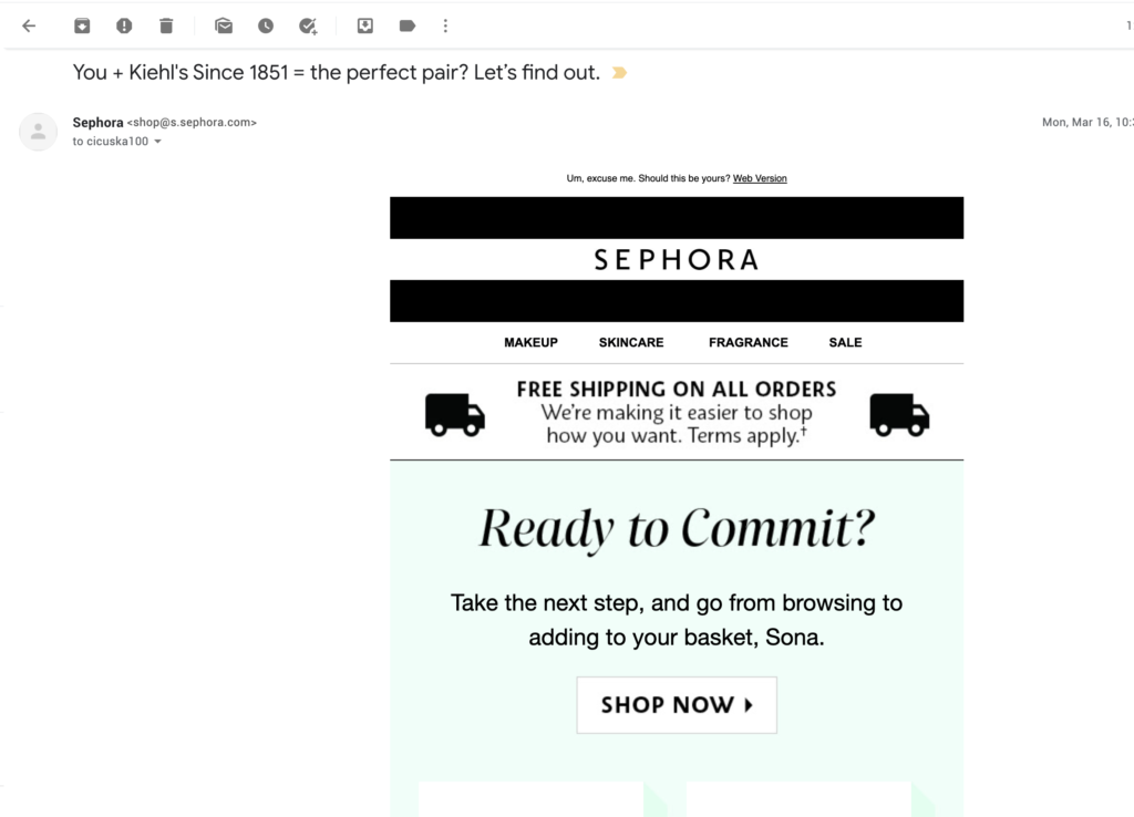 Esempio di email di abbandono del carrello da Sephora