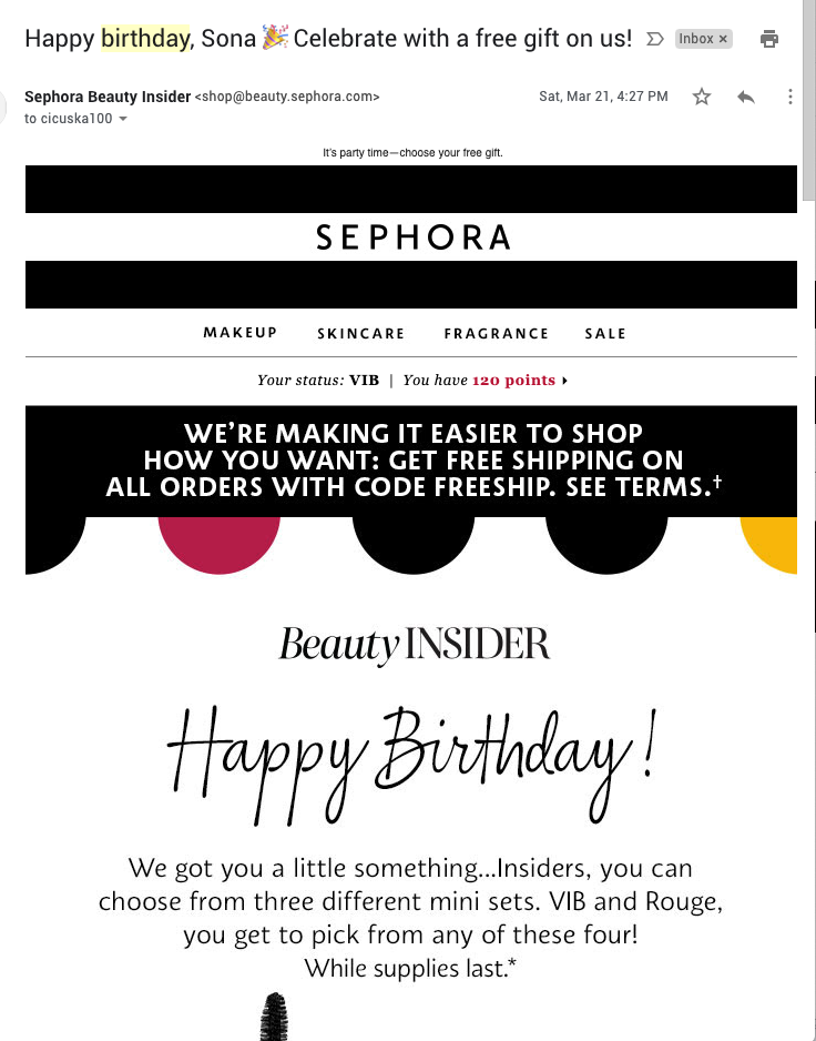 Modello email ricompensa fedeltà Sephora