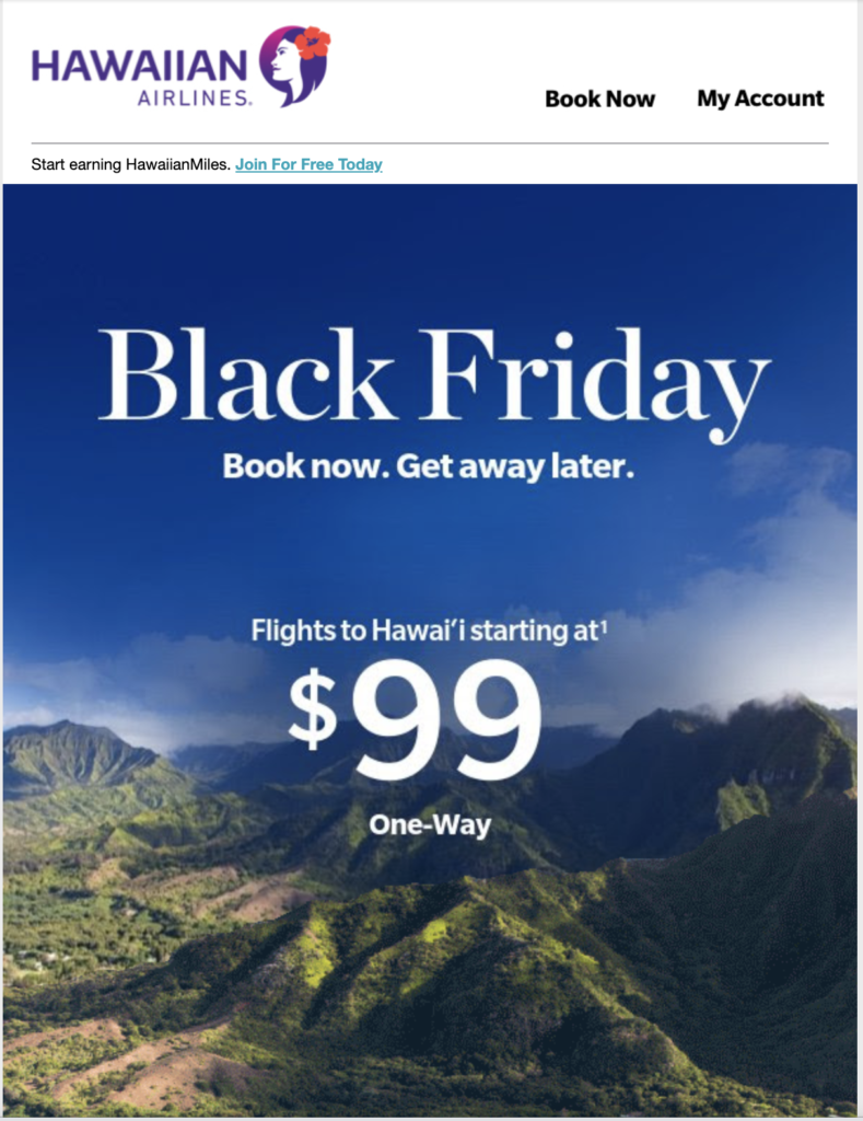 Campagna email Black Friday di Hawaiian Airlines