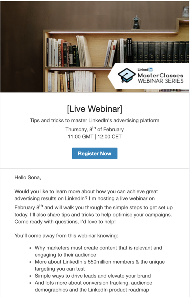 Modello di email di anteprima webinar LinkedIn