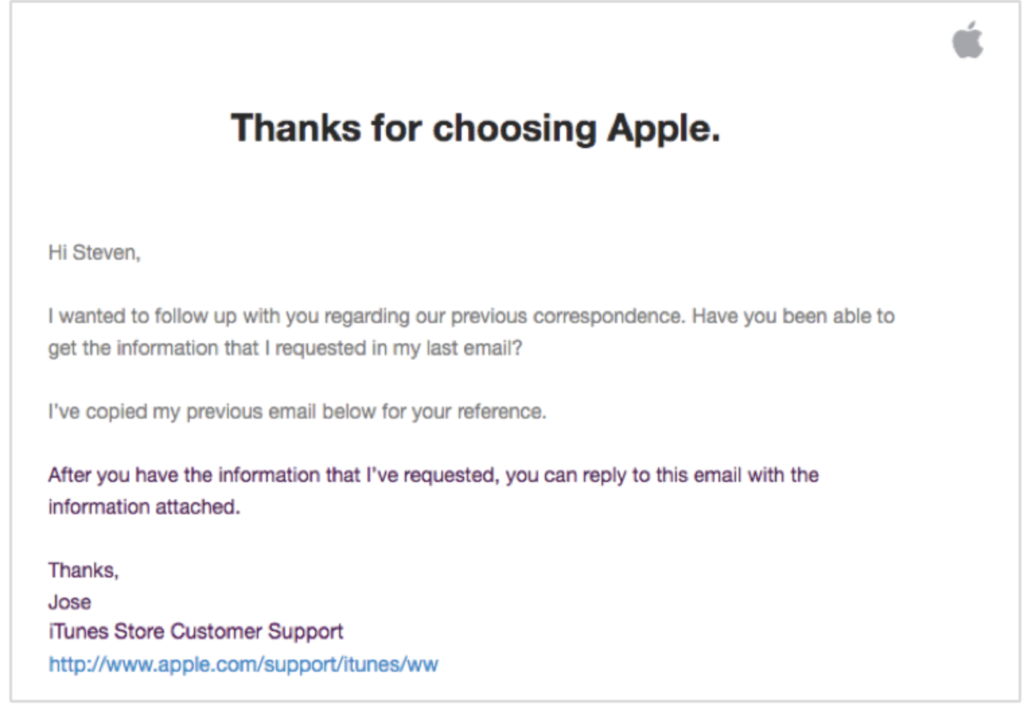 Email di follow-up di Apple
