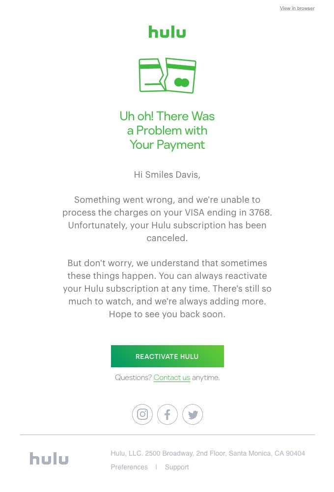 Esempio di email di cancellazione dell'abbonamento Hulu