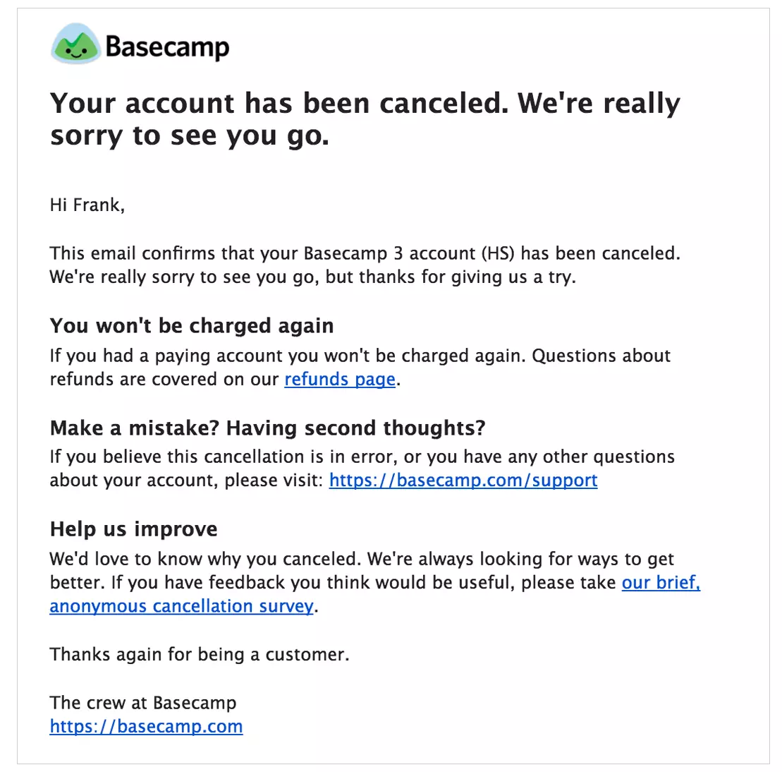 Esempio di email di cancellazione dell'account Basecamp