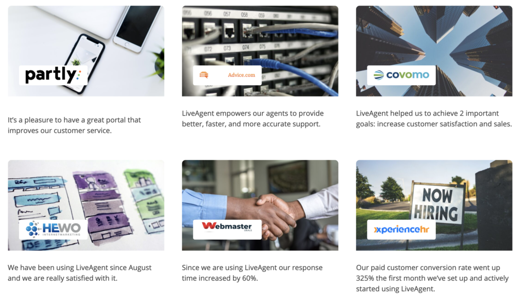 LiveAgent case studies displayed on website