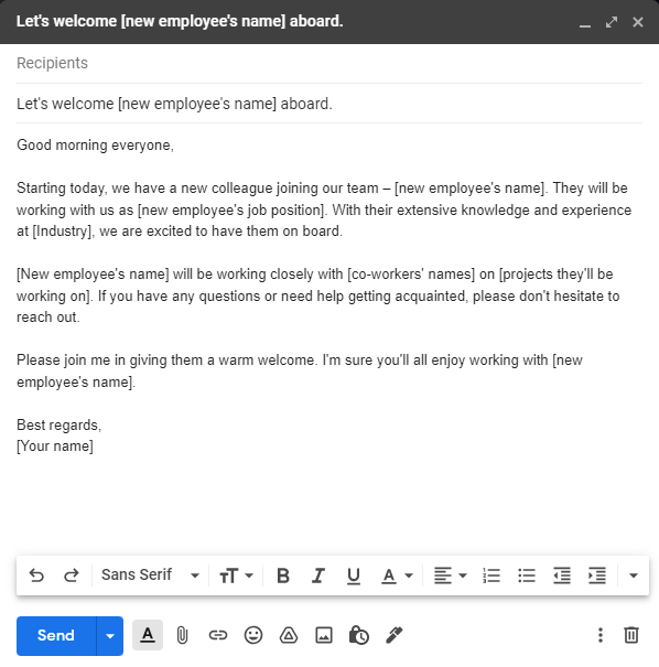New Employee Welcome Email Template
