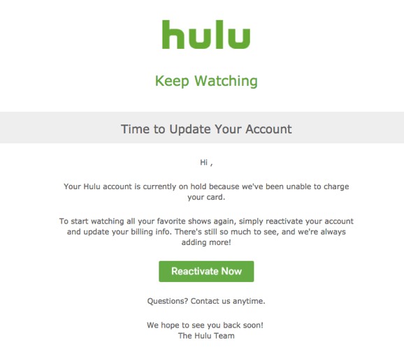 Esempio di email di dunning di Hulu
