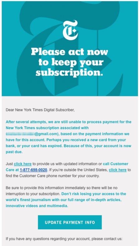 Esempio di email di dunning del New York Times