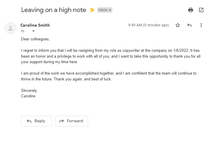 Esempio di email di dimissioni