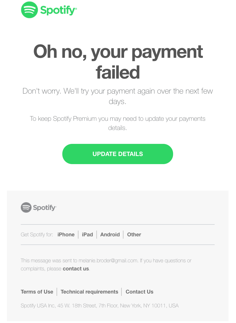Esempio di email di dunning di Spotify