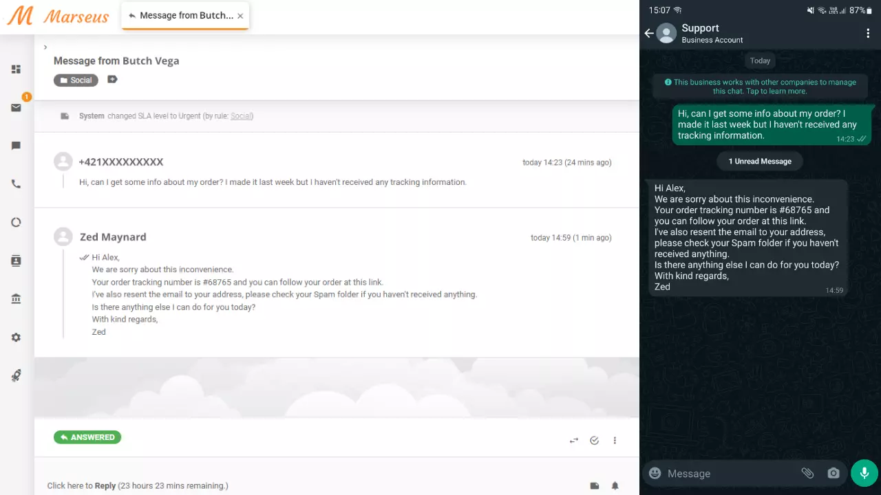 Messaggio WhatsApp mostrato come ticket in LiveAgent