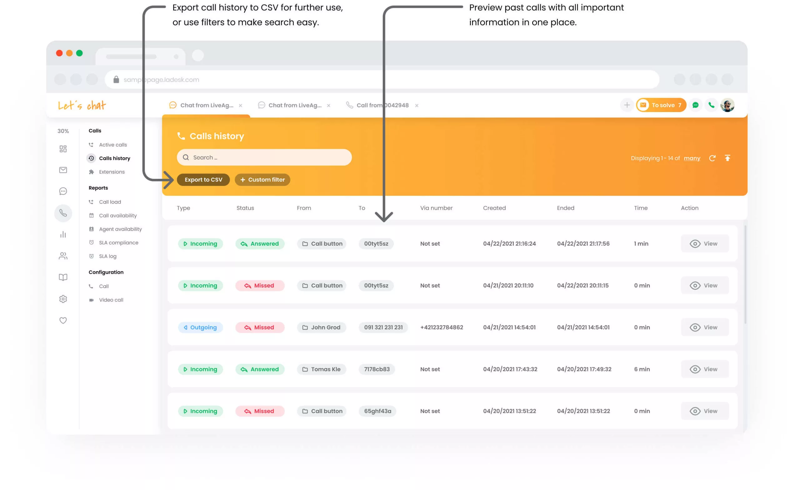 Storico chiamate LiveAgent