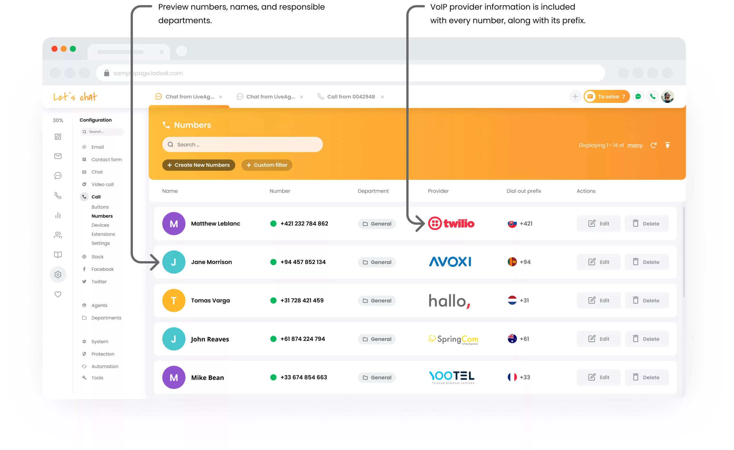 Configurazione numeri call center LiveAgent