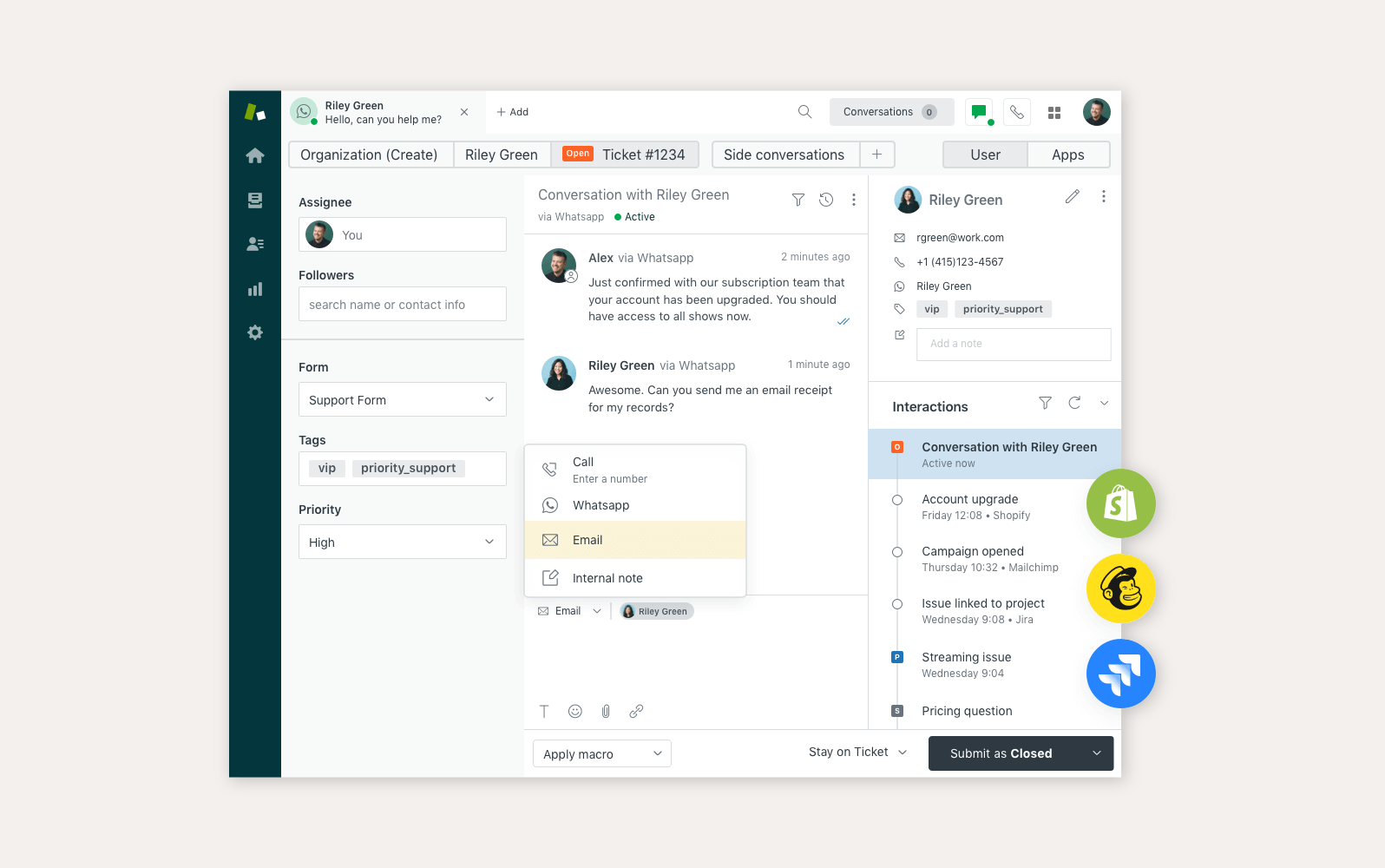 Interfaccia call center Zendesk