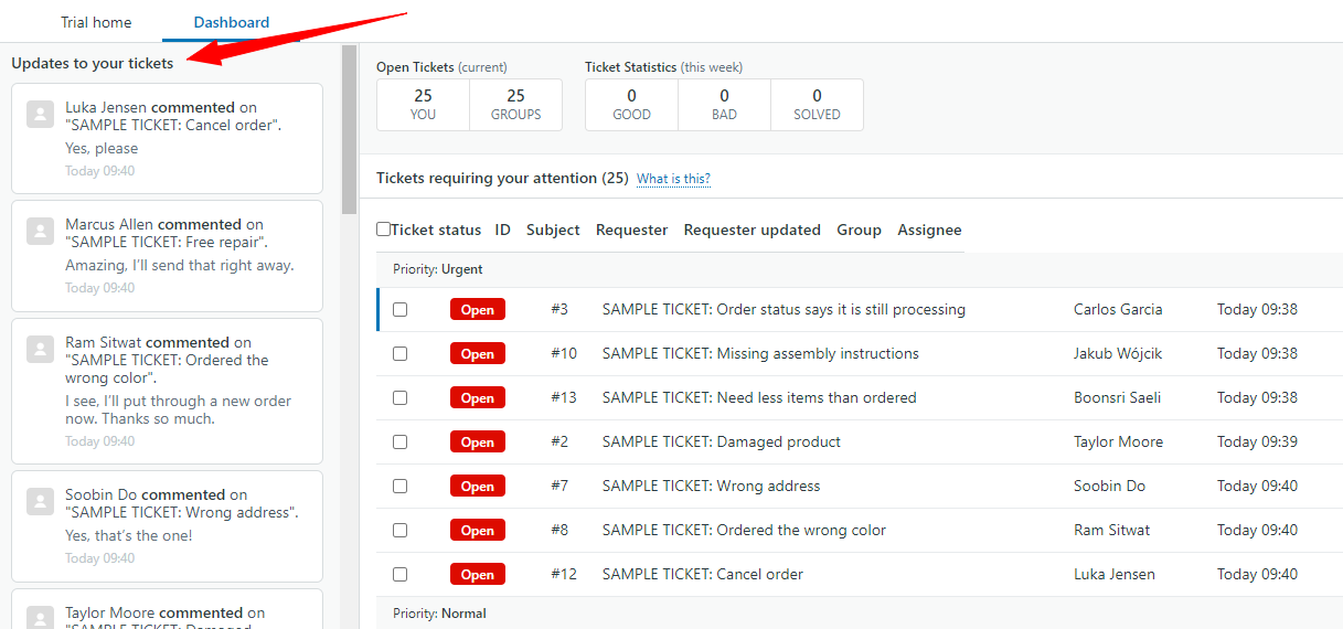 Screenshot aggiornamenti ticket Zendesk