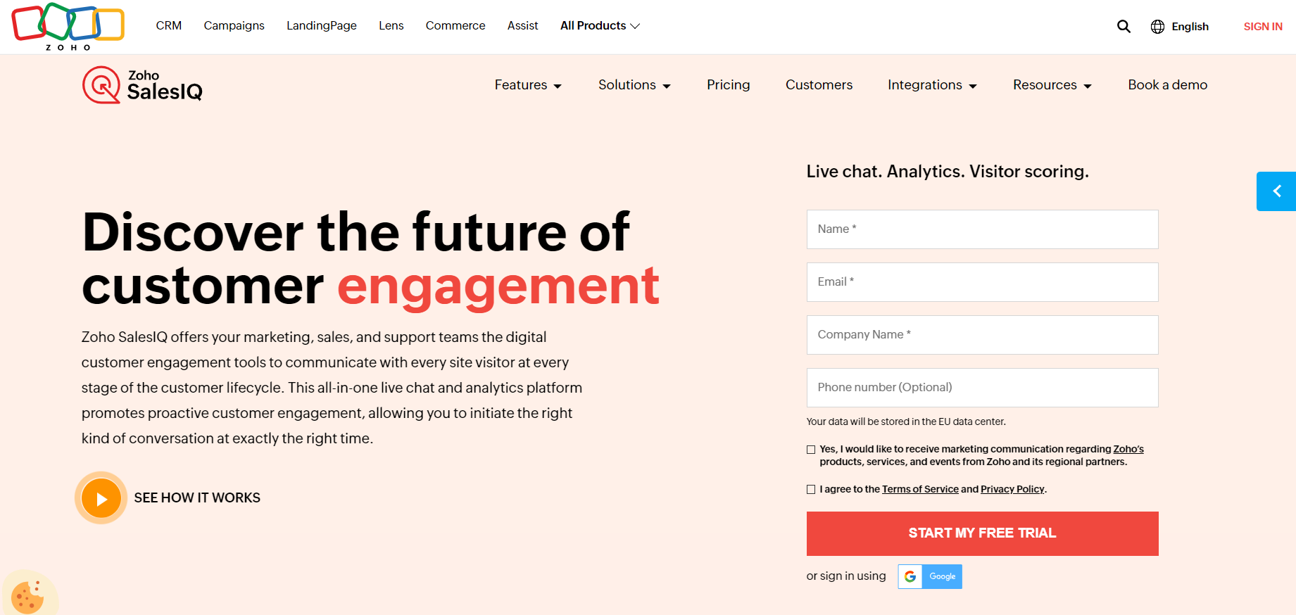 Homepage di Zoho SalesIQ - software di live chat per il coinvolgimento dei clienti di ecommerce