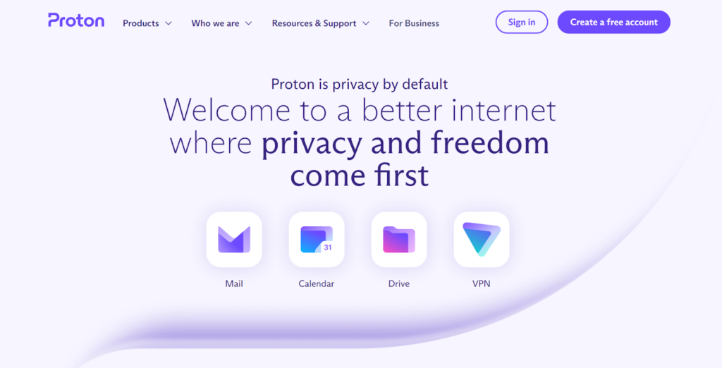 Homepage di Proton Mail