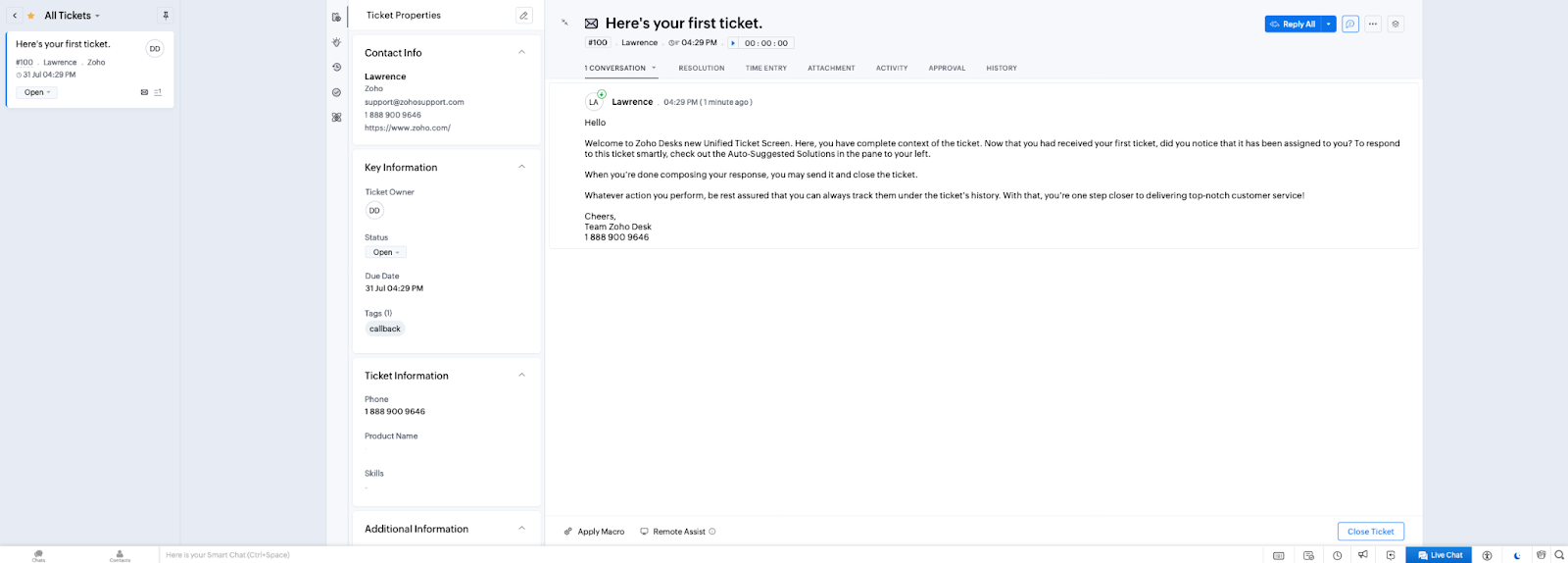 Ambiente ticket di Zoho Desk
